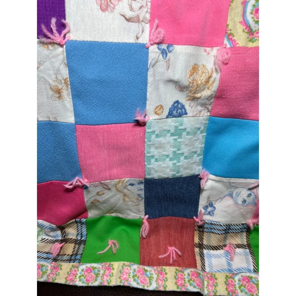 VTG 70s Handmade Patchwork Tie Quilt Floral Plaid Multi Color Cottagecore Throw